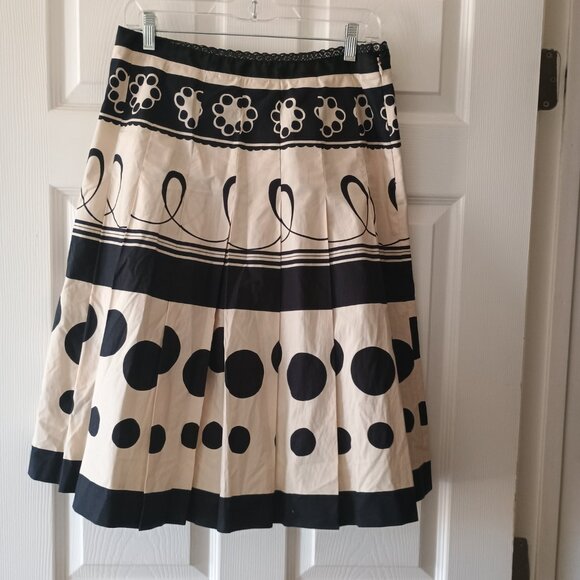 EUC Ideology Black Cream Santa Fe Polka Dot Cotton Pleated Skirt Size 6 - Picture 2 of 4